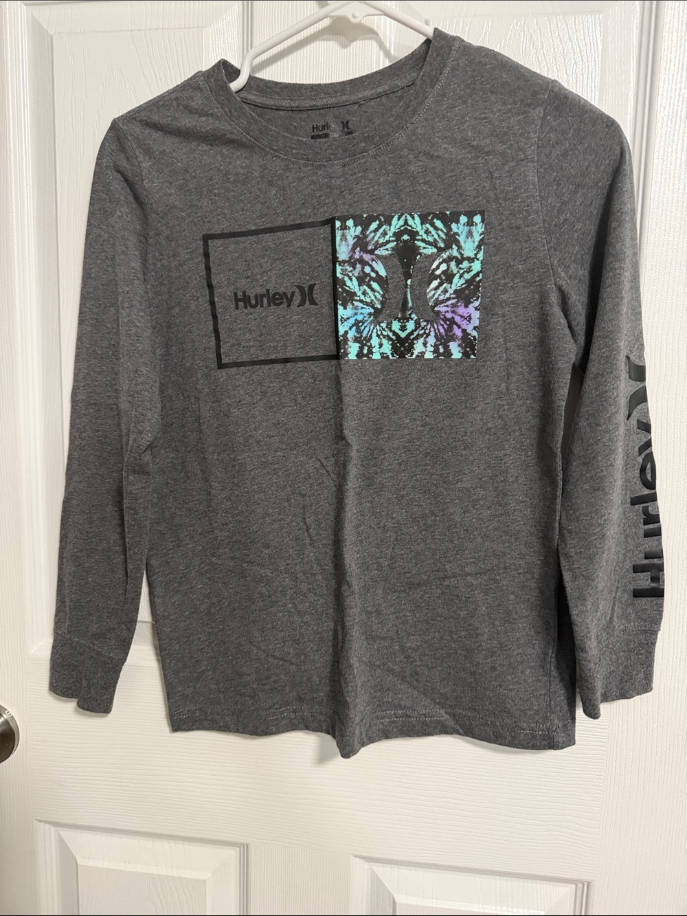 Hurley Dark Gray Long Sleeve Tee with Teal and Purple Graphic